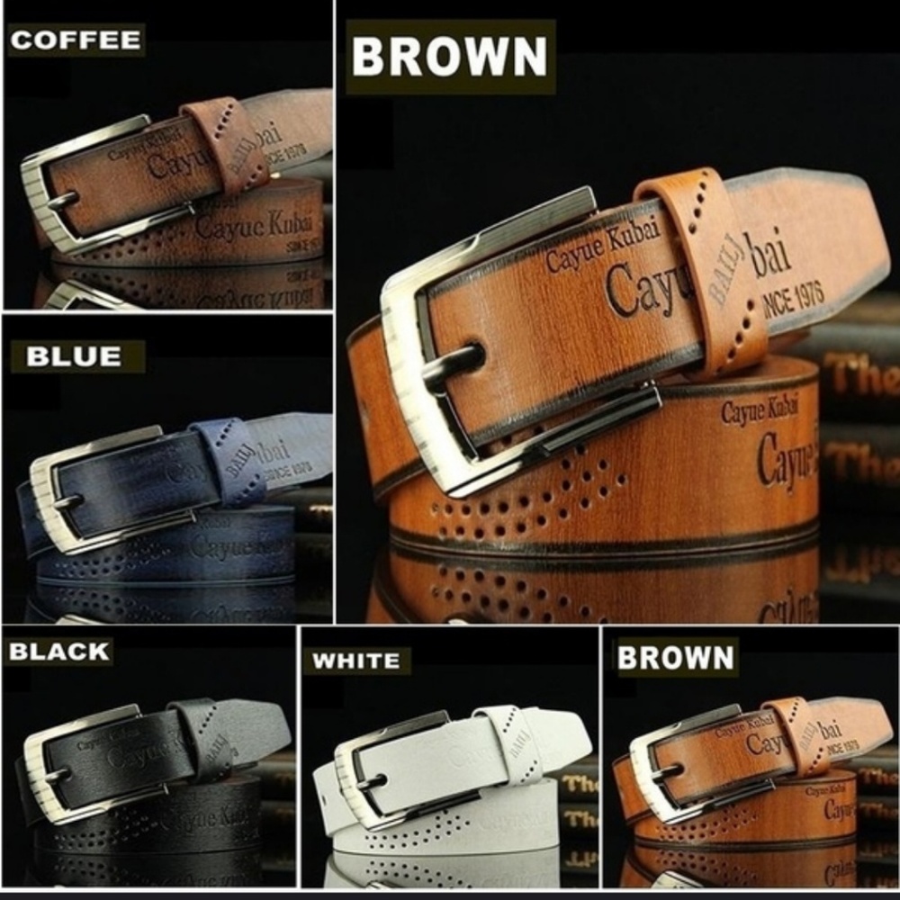 3 belts brown black white